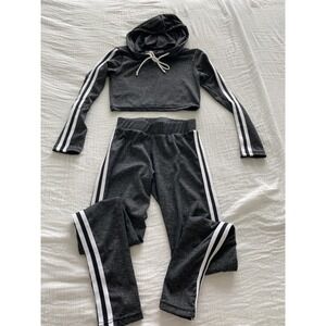 Boom Boom Jeans Womens 2 Piece Set Crop Hoodie Leggings Charcoal Grey Stripe S